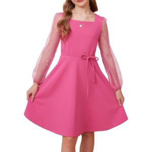 imageGRACE KARIN Girls Long Sleeve Dress Party Formal Contrast Mesh Puff High Waist Tie Square Neck 612 YearsRose Red