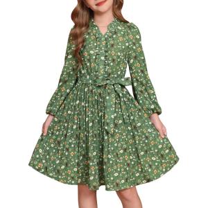imageGRACE KARIN Girls Long Sleeve Fall Dresses Floral Hawaiian Party Dress for Teen Casual Pleated Outfits Size 614YGreenyellow Floral