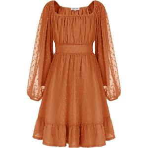 imageGRACE KARIN Girls Ruffle Tiered Dress Long Sleeve Swiss Dot Flowy ALine Dress 614YBurnt Orange