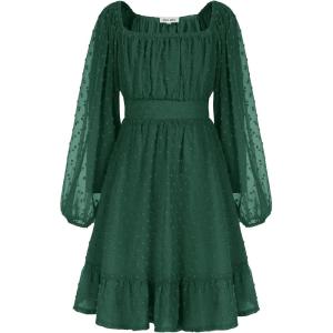 imageGRACE KARIN Girls Ruffle Tiered Dress Long Sleeve Swiss Dot Flowy ALine Dress 614YDark Green