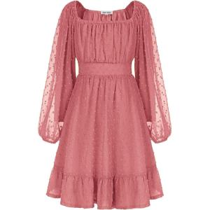 imageGRACE KARIN Girls Ruffle Tiered Dress Long Sleeve Swiss Dot Flowy ALine Dress 614YDusty Rose