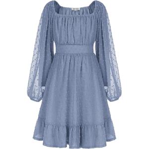 imageGRACE KARIN Girls Ruffle Tiered Dress Long Sleeve Swiss Dot Flowy ALine Dress 614YGray Blue