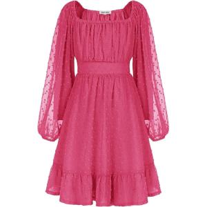 imageGRACE KARIN Girls Ruffle Tiered Dress Long Sleeve Swiss Dot Flowy ALine Dress 614YHot Pink