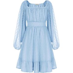 imageGRACE KARIN Girls Ruffle Tiered Dress Long Sleeve Swiss Dot Flowy ALine Dress 614YLight Blue