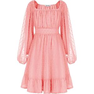 imageGRACE KARIN Girls Ruffle Tiered Dress Long Sleeve Swiss Dot Flowy ALine Dress 614YLight Pink
