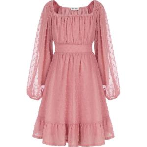 imageGRACE KARIN Girls Ruffle Tiered Dress Long Sleeve Swiss Dot Flowy ALine Dress 614YPink