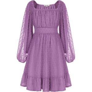 imageGRACE KARIN Girls Ruffle Tiered Dress Long Sleeve Swiss Dot Flowy ALine Dress 614YPlum