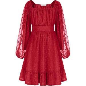 imageGRACE KARIN Girls Ruffle Tiered Dress Long Sleeve Swiss Dot Flowy ALine Dress 614YRed