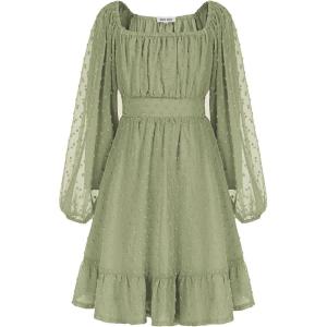 imageGRACE KARIN Girls Ruffle Tiered Dress Long Sleeve Swiss Dot Flowy ALine Dress 614YSage Green