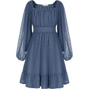 imageGRACE KARIN Girls Ruffle Tiered Dress Long Sleeve Swiss Dot Flowy ALine Dress 614YSteel Blue
