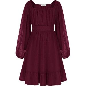 imageGRACE KARIN Girls Ruffle Tiered Dress Long Sleeve Swiss Dot Flowy ALine Dress 614YWine