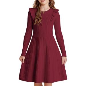 imageGRACE KARIN Girls Sweater Dress Fall Winter Long Sleeve Cable Knit Pullover Dresses for Girls 512YBurgundy
