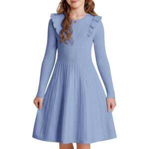 imageGRACE KARIN Girls Sweater Dress Fall Winter Long Sleeve Cable Knit Pullover Dresses for Girls 512YLight Blue