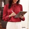 imageGRACE KARIN Womens Long Sleeve Business Casual Tops Dressy Silk Satin Blouse Pleated Mock Neck Shirts Office WorkWine Red