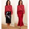 imageGRACE KARIN Womens Long Sleeve Business Casual Tops Dressy Silk Satin Blouse Pleated Mock Neck Shirts Office WorkWine Red
