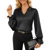 imageGRACE KARIN Womens Dressy Business Casual Blouses Satin Silk Collared V Neck Tops Lantern Long Sleeve Shirt for Work OfficeBlack