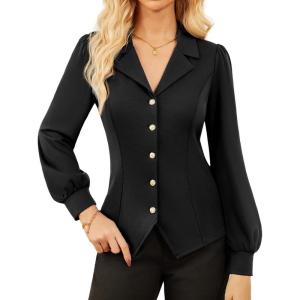 imageGRACE KARIN 2025 Women Fall Work Office BlousesLong Sleeve Trendy Work TopsV Neck Button Down Slim ShirtsBlack