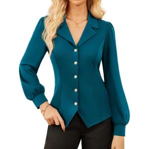 imageGRACE KARIN 2025 Women Fall Work Office BlousesLong Sleeve Trendy Work TopsV Neck Button Down Slim ShirtsPeacock Blue