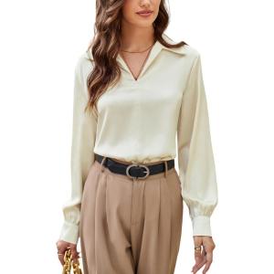 imageGRACE KARIN Business Casual Tops for Women Satin Silk Blouse Collared V Neck Long Sleeve Work Shirts Dressy Tops Fall ClothesApricot