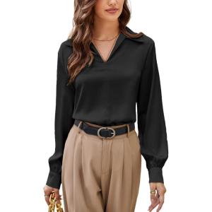imageGRACE KARIN Business Casual Tops for Women Satin Silk Blouse Collared V Neck Long Sleeve Work Shirts Dressy Tops Fall ClothesBlack