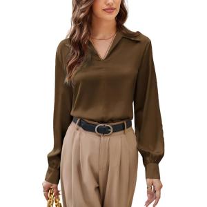 imageGRACE KARIN Business Casual Tops for Women Satin Silk Blouse Collared V Neck Long Sleeve Work Shirts Dressy Tops Fall ClothesBrown