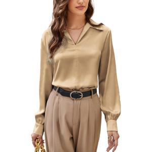 imageGRACE KARIN Business Casual Tops for Women Satin Silk Blouse Collared V Neck Long Sleeve Work Shirts Dressy Tops Fall ClothesCamel