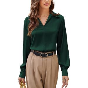 imageGRACE KARIN Business Casual Tops for Women Satin Silk Blouse Collared V Neck Long Sleeve Work Shirts Dressy Tops Fall ClothesDark Green