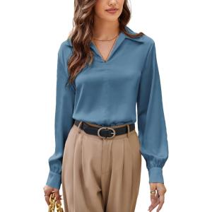 imageGRACE KARIN Business Casual Tops for Women Satin Silk Blouse Collared V Neck Long Sleeve Work Shirts Dressy Tops Fall ClothesGrey Blue