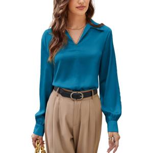 imageGRACE KARIN Business Casual Tops for Women Satin Silk Blouse Collared V Neck Long Sleeve Work Shirts Dressy Tops Fall ClothesPeacock Blue