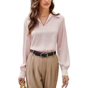 imageGRACE KARIN Business Casual Tops for Women Satin Silk Blouse Collared V Neck Long Sleeve Work Shirts Dressy Tops Fall ClothesPink