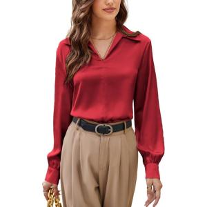 imageGRACE KARIN Business Casual Tops for Women Satin Silk Blouse Collared V Neck Long Sleeve Work Shirts Dressy Tops Fall ClothesRed