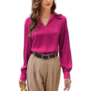 imageGRACE KARIN Business Casual Tops for Women Satin Silk Blouse Collared V Neck Long Sleeve Work Shirts Dressy Tops Fall ClothesRose Red