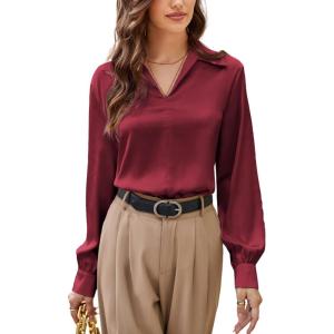 imageGRACE KARIN Business Casual Tops for Women Satin Silk Blouse Collared V Neck Long Sleeve Work Shirts Dressy Tops Fall ClothesWine Red
