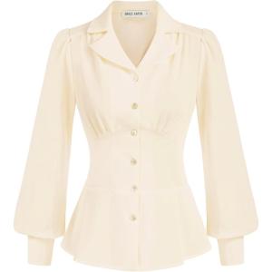 imageGRACE KARIN Button Down Shirts for Women Summer Peplum Tops Long Sleeve Work Blouse Collared Shirt Dressy TopIvory