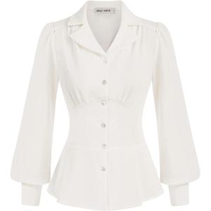 imageGRACE KARIN Button Down Shirts for Women Summer Peplum Tops Long Sleeve Work Blouse Collared Shirt Dressy TopWhite