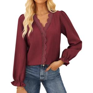 imageGRACE KARIN Elegant Long Sleeve Blouse 2025 Fall VNeck Dressy Casual Top for WomenWine Red