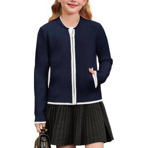 imageGRACE KARIN Girls Cardigan Knit Zip Uniform Sweater School Winter with Pockets 614YNavy Blue