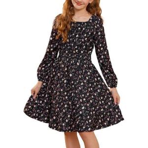 imageGRACE KARIN Girls Fall Dress Floral Long Sleeve Midi with Smocked Waist for Holiday Party 614YBlack Flower