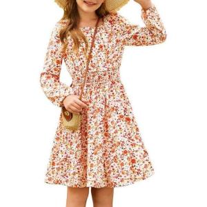 imageGRACE KARIN Girls Fall Dress Floral Long Sleeve Midi with Smocked Waist for Holiday Party 614YBurnt Orange Flower