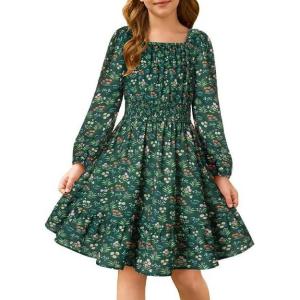 imageGRACE KARIN Girls Fall Dress Floral Long Sleeve Midi with Smocked Waist for Holiday Party 614YGreen Flower