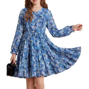 imageGRACE KARIN Girls Fall Floral Dresses 614Y Kids Winter Christmas Party Long Sleeve Holiday Hawaiian Flower DressBlue
