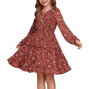 imageGRACE KARIN Girls Fall Floral Dresses 614Y Kids Winter Christmas Party Long Sleeve Holiday Hawaiian Flower DressRed