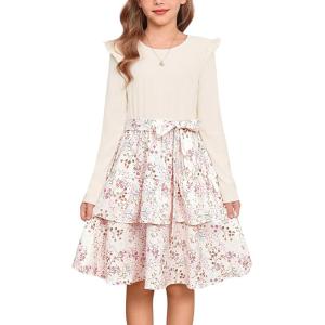 imageGRACE KARIN Girls Fall Long Sleeve Dresses Girl Floral Midi Dress Kids Casual Holiday Dresses with Belt Size 613Beige Floral
