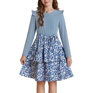 imageGRACE KARIN Girls Fall Long Sleeve Dresses Girl Floral Midi Dress Kids Casual Holiday Dresses with Belt Size 613Blue Floral