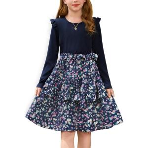 imageGRACE KARIN Girls Fall Long Sleeve Dresses Girl Floral Midi Dress Kids Casual Holiday Dresses with Belt Size 613Navy Floral