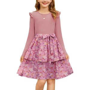 imageGRACE KARIN Girls Fall Long Sleeve Dresses Girl Floral Midi Dress Kids Casual Holiday Dresses with Belt Size 613Pink Floral