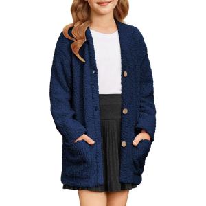 imageGRACE KARIN Girls Open Front Cardigan Long Sleeve Popcorn Knit Sweaters Outwear Coat with PocketsNavy Blue