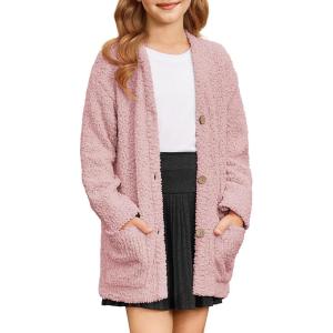 imageGRACE KARIN Girls Open Front Cardigan Long Sleeve Popcorn Knit Sweaters Outwear Coat with PocketsPink