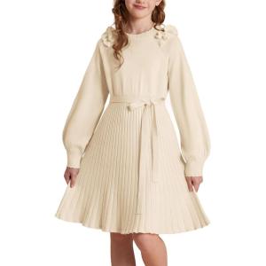 imageGRACE KARIN Girls Sweater Dress Fall Winter Knit Long Sleeve Ribbed Ruffle Waist Tie Size 512 CreamCream