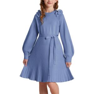 imageGRACE KARIN Girls Sweater Dress Fall Winter Knit Long Sleeve Ribbed Ruffle Waist Tie Size 512 CreamKleinland